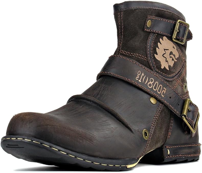 OSSTONE OS-5008-1-NH-DE-R Men's Leather Chukka boots Worker Biker Boots Motorcycle Leather Shoes for Zip Lace-Up Ankle Boots