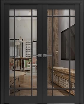 SARTODOORS Lucia 2266 | Double Swing Interior French Doors with Glass with Clear Glass, Solid Wood, Hardware Included, 60x80, Black, Classic