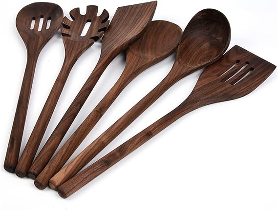 6 PCS Black Walnut Kitchen Utensils Set for Cooking, Natural Wooden Cooking Utensils,Wood Slotted Spoon Spatula Turner Set for Nonstick Cookware Pasta Fork Spaghetti Server Soup Ladle,A