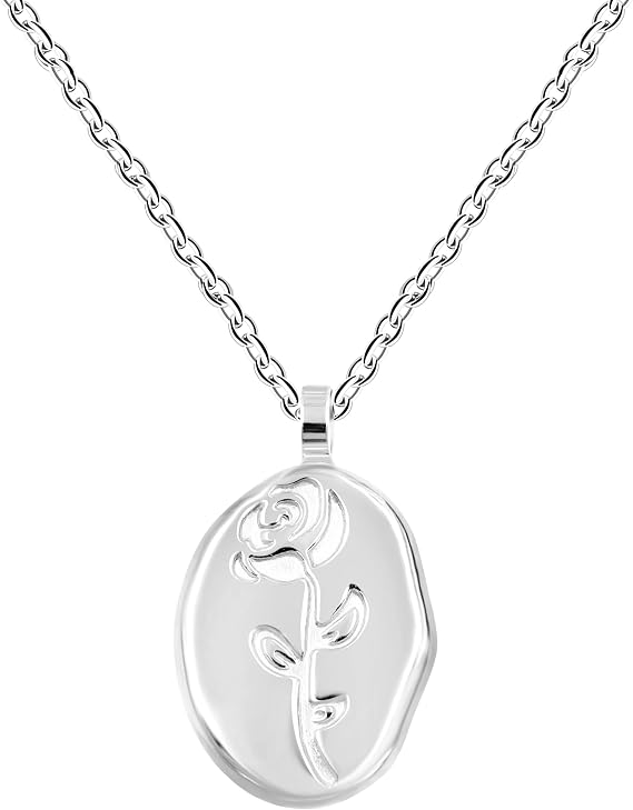 Stainless Steel Irregular Oval-Shape Rose Flower Pendant Necklace Exquisite Birthdays Valentine's Day Gifts for Women Girls YA4320