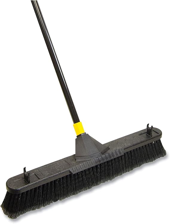 Quickie Cleaning Bulldozer 24-Inch Push Broom, 60-Inch Steel Handle, Smooth Surface Bristles, with Scraper for Stuck on Mess, Indoor/Outdoor Floors in Home/Garage/Basement/Driveway Use