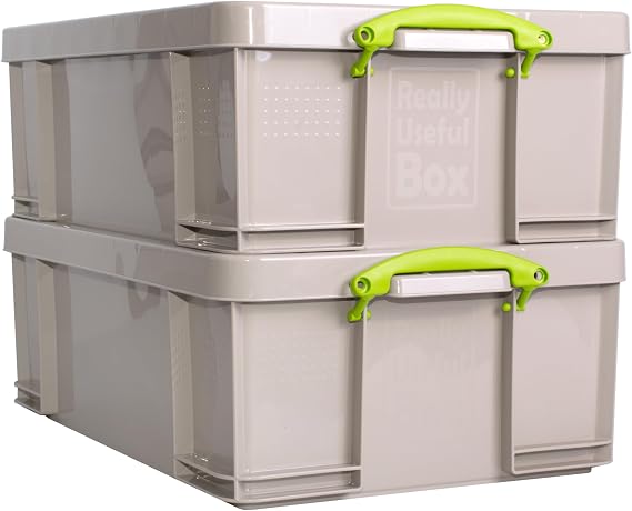 Really Useful Box Plastic Storage 50 Litre Recycled Dove Grey with Green Handles Pack of 2