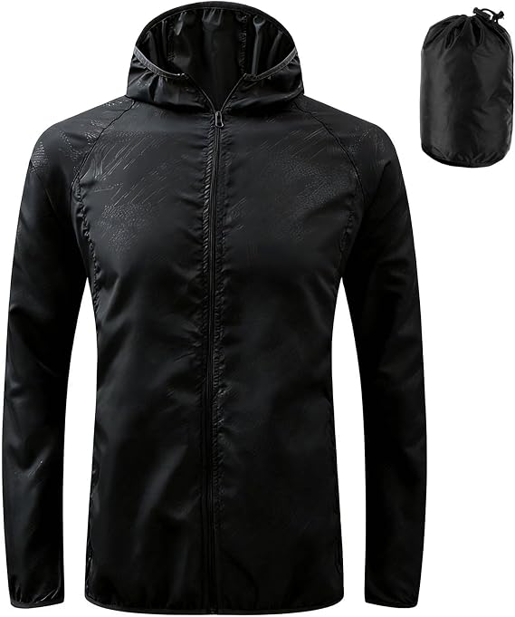 Men's Lightweight Waterproof Jacket with Pockets, Packable Hooded Windproof Rain Jacket for Travel, Running & Hiking – Includes Carry Pouch