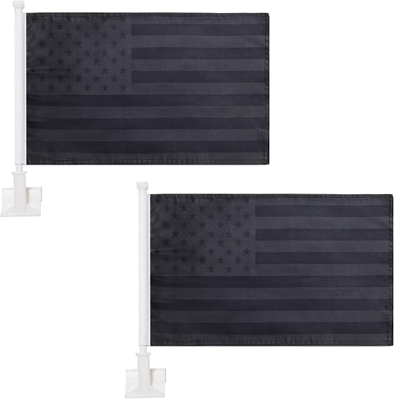 Kind Girl 2 Pack Black USA American Car Flags, 16 x 10 Inch Double Sided, 14 Inch Flag Pole with Window Clip, Suitable for Car, Home, Room, Garden, Office, Entryway