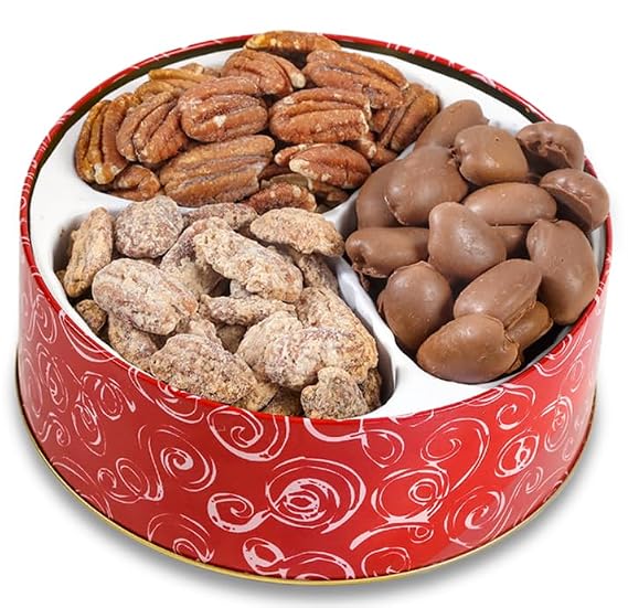 Mascot Pecan Candy Kitchen Since 1955 - Snowman Gift Tin Basket Full of Fresh Roasted Pecans, Milk Chocolate Pecans, and Crunchy Cinnamon Pecans!