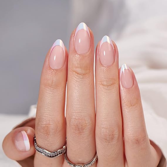 BTArtbox French Tip Press On Nails - Almond Stick On Nails for Women, Glue On Nails with Nail Glue - Berry French & Mermaid