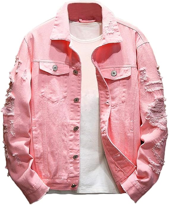 Rexcyril Men's Distressed Denim Jacket Casual Ripped Holes Button Down Trucker Jacket Jean Coat