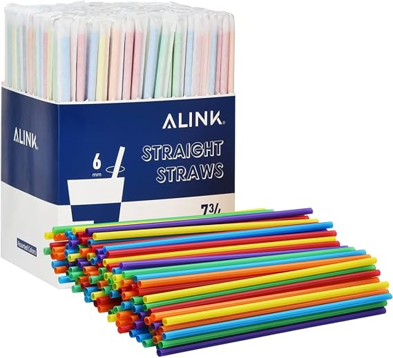 ALINK 500-Pack Assorted Colored Plastic Disposable Drinking Straws, Individually Wrapped Straight Party Straws - 7.75" x 0.23"