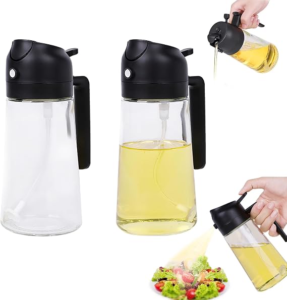 Glass Olive Oil Sprayer Dispenser Bottle for Kitchen, 2 in 1 Olive Oil Dispenser and Oil Sprayer 16oz/470ml for Cooking, Air Fryer, Salad, Barbecue, 2Pcs (Black)