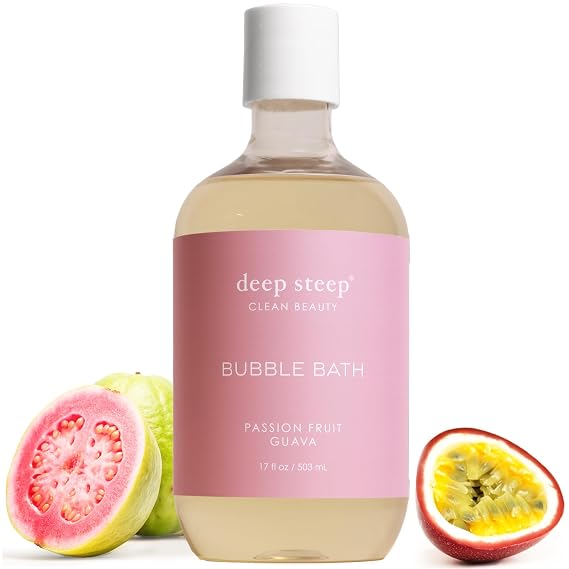 Deep Steep Passionfruit Guava Bubble Bath for Women, Hypoallergenic, Clinically Tested, Clean Formula for Sensitive Skin, Sulfate-Free, 17 fl oz Bottle, Essential Bath Accessories