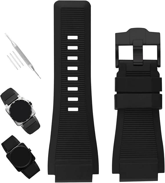 XIW Compatible for Bell & Ross B&R BR-01 BR01 BR-03 BR03 BR03-92 24mm*34mm Rubber Watch Band Replacement for men Silicone Wirstband Strap women Bracelet