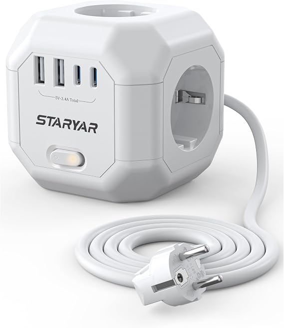4-Way Power Strip Cube with USB 4000 W/16 A Multiple Socket Cube Socket Cube 2 m Extension Cable Multiple Plug Power Cube with Switch Socket Cube Socket Adapter for Office