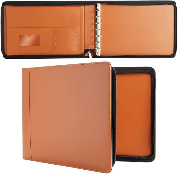 7-Ring Business Check Binder with Zipper for Checkbooks Organization, Brown Zippered Portfolio Organizer, Professional PU Leather Folder Holder for Documents, Cards (15 x 11 x 0.01 inches)