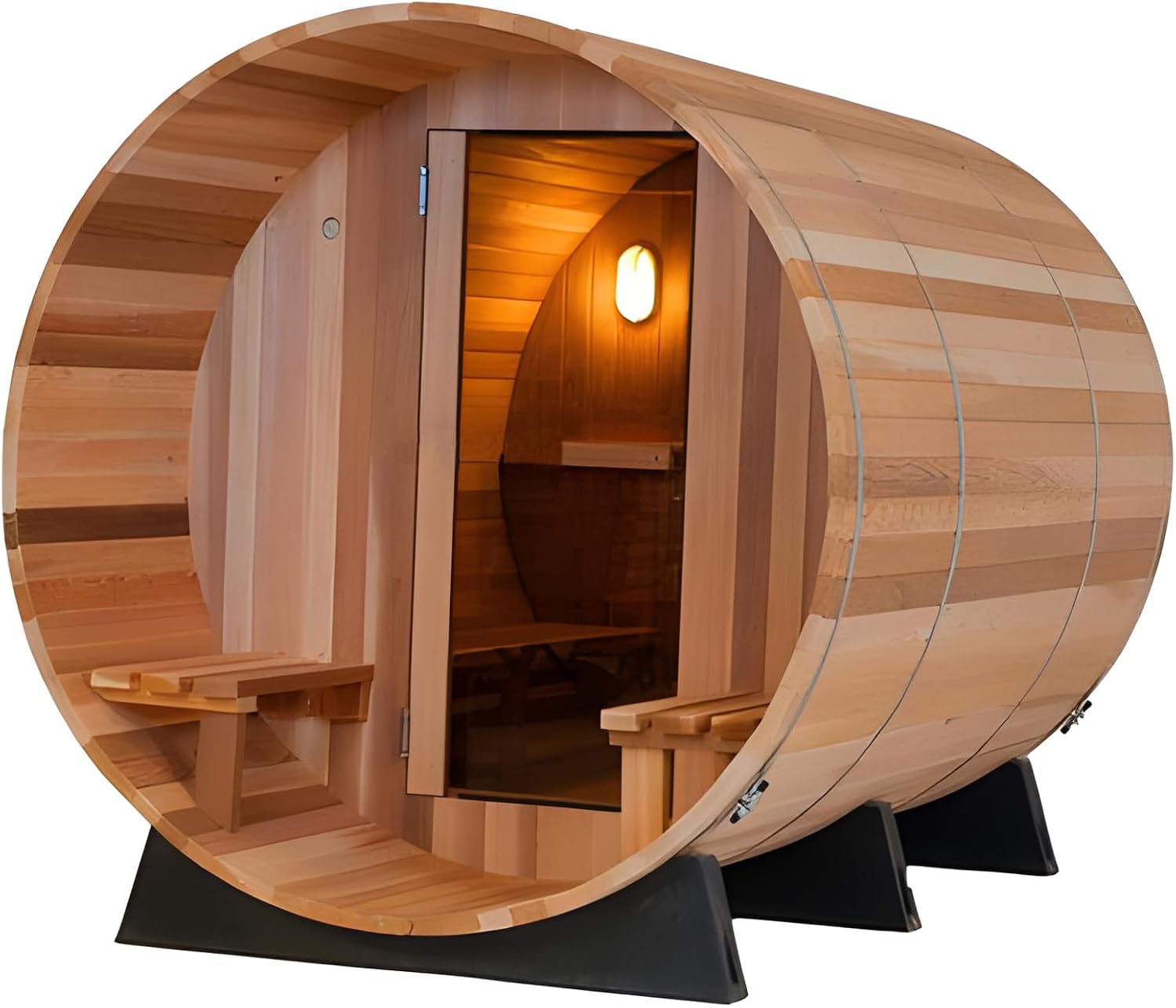 Outdoor Barrel Steam Sauna, Canadian Red Cedar Room for 4 to 6 Person with 6KW Harvia Heater, 8mm Tempered Glass