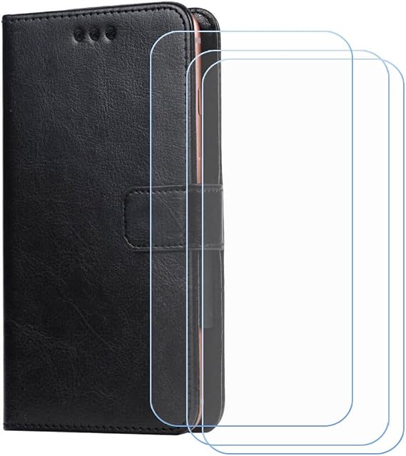 Cover for Fossibot F112 Pro + 3 HD Film Protector, Screen Protector Tempered Glass - Phone case with[Cash and Card Slots] Wallet Shell for (6,88") - Black-XHDSXT