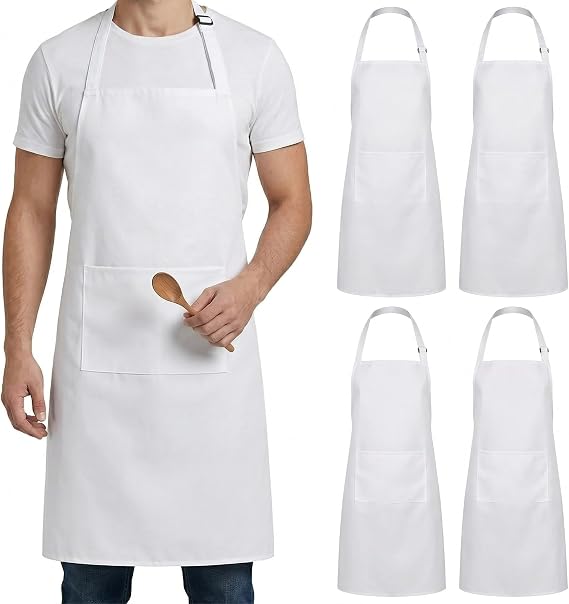 4 Pack Chef Aprons, Waterproof Polyester Kitchen Apron, White