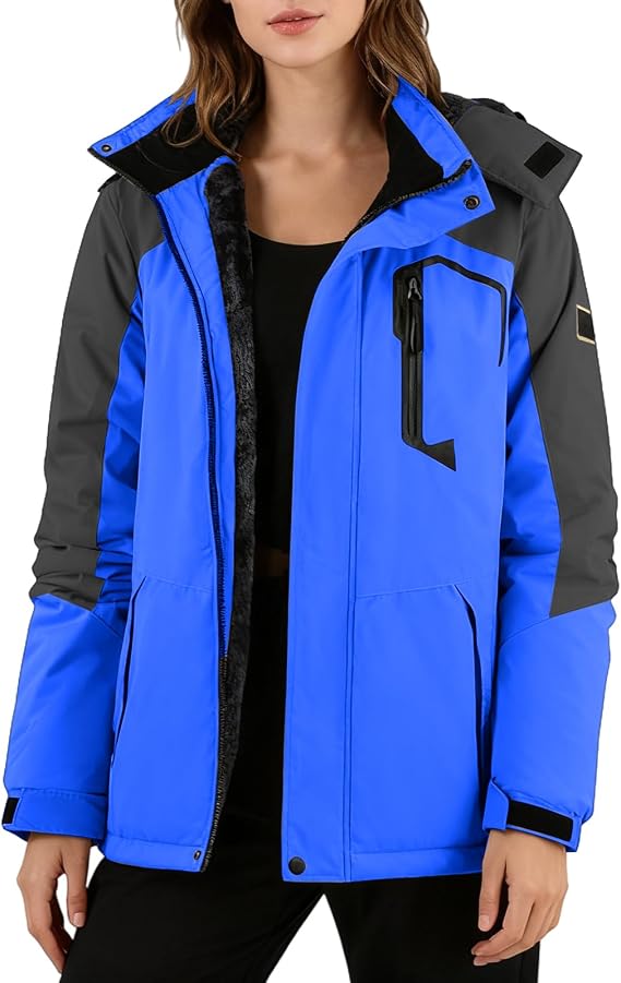 Women Winter Skiing Jackets Water Resistant Warm Fleece Jacket Hooded Insulated Thermal Snowboard Raincoats with Pockets