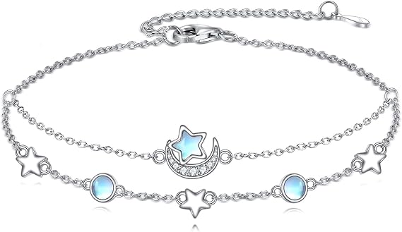 AXELUNA Star Moon Bracelet 925 Sterling Silver Star Adjustable Link Bracelet Moonstone Star Moon Jewellery for Women Sterling Silver No Gemstone
