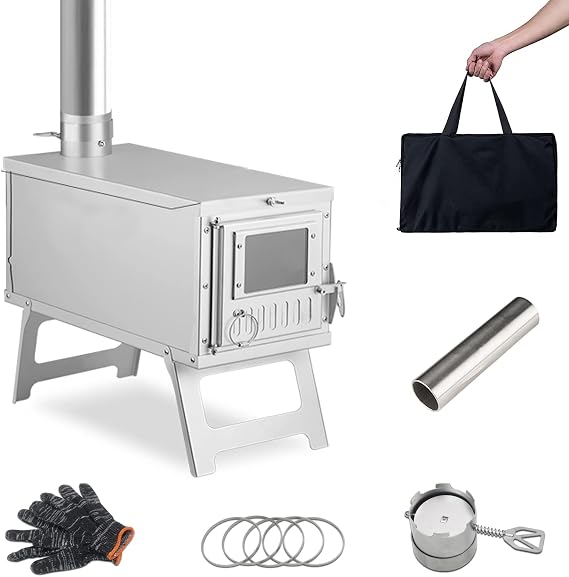 Portable Camping Tent Wood Burning Stove Stainless Steel with Chimney