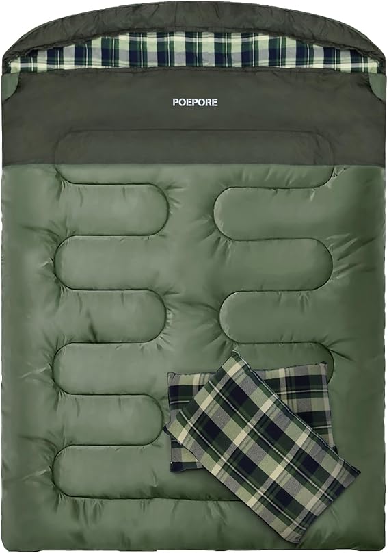 Double Sleeping Bag for Adults with 2 Pillows, Flannel 2 Person Sleeping Bags, XXL Queen Size Two Person Sleeping Bag for Camping