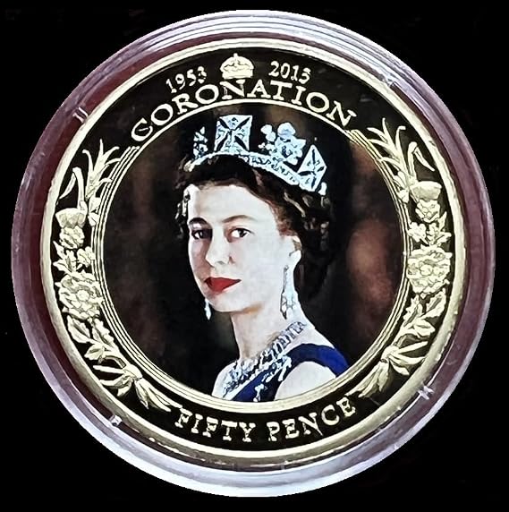 Gold Layered 1953-2013 Bailiwick of Jersey Diamond Jubilee HM Elizabeth II Commemorative 50p 2013 Fifty Pence Coin in Capsule