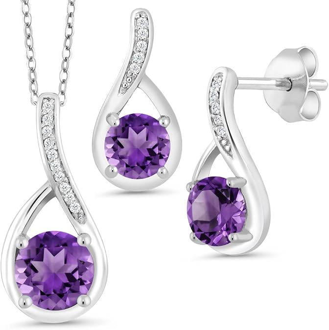 Gem Stone King Pendant and Earrings Jewelry Set for Women | 925 Sterling Silver | Gemstone Birthstone and White Diamond | Round 6MM and 5MM | With 18 Inch Chain