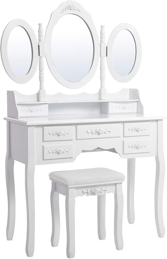 SONGMICS 3 aynalı ve tabureli tuvalet masası, 7 çekmece, eğim koruması, lüks, 145 x 90 x 40 cm, beyaz RDT91W