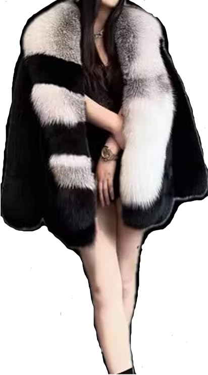 FURINFASHION JR-02 Women's Winter Warm Luxury Real Fox Fur Coat Fluffy Unique Fashion Autumn Plush Clothing Jackets Ski Suit (as1, alpha, l, regular, regular, Black)