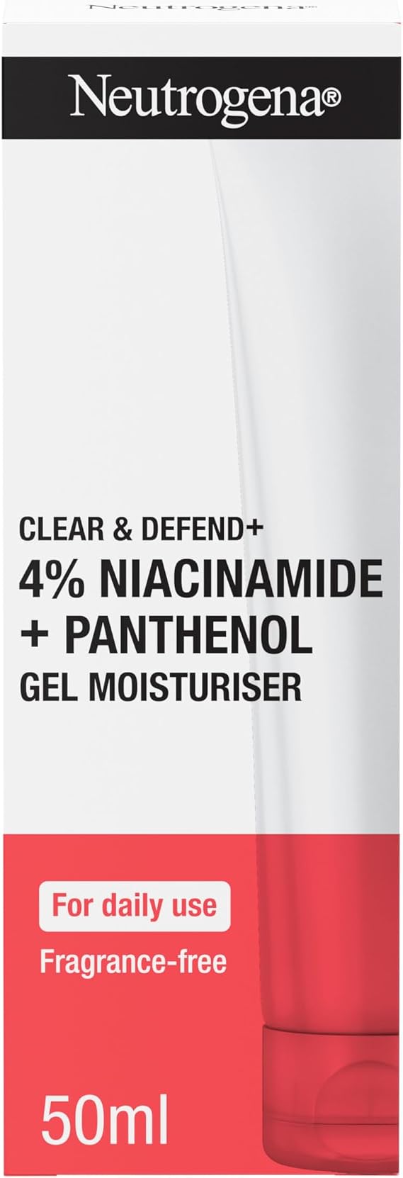Neutrogena Clear & Defend+ Gel Moisturiser (1 x 50ml), Fast-Absorbing Face Moisturiser with 4% Niacinamide and 1% Panthenol, Fragrance-Free, Hydrating Gel, Suitable for Daily Use and Spot-Prone Skin