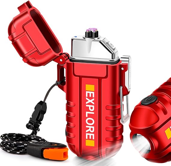 LcFun Arc Plasma Waterproof Lighter Electric Windproof USB Type C Rechargeable Flameless Cool Lighters with Flashlight and Whistle for Camping, Survival,Outdoor Adventure, Tactical, Red