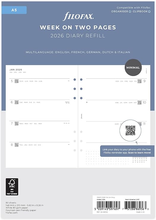 Filofax Miniimal Week to View Diary Refill Pack A5 2026