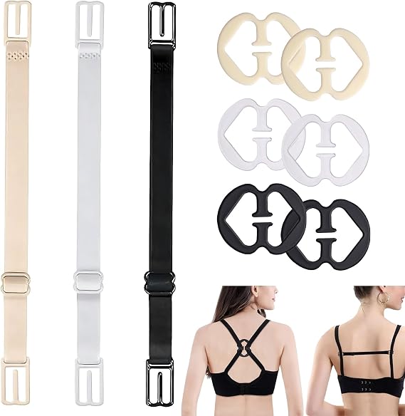 9 Pcs Detachable Bra Strap Clips,Soft and Comfortable Elastic Racer Back Bra Strap Clip,Non-Slip Adjustable Bra Strap Converter,Fits All Cup Sizes and All Bras,Racer Back Tank Tops(Black+White+Nude)