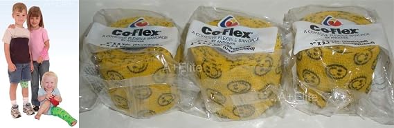 ANDOVER CO-FLEX 2"x5Yds Neon Bright Yellow Smiley Face 3-PACK Cohesive Flexible Elastic Latex Bandage Compression Self Adherent Wrap Kids Children Vet Animals Pets Cats Dogs Horses 3200SM