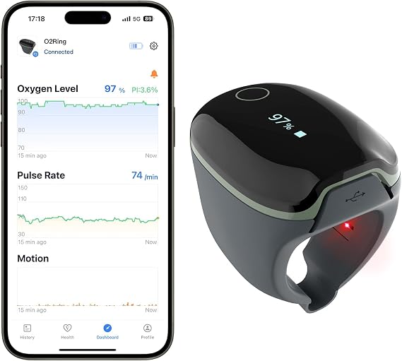 ViATOM O2ring Bluetooth Oximeter, Pulse Oximeter Fingertip for Continuous Monitoring at Night, Sleep Oximeter for Measuring SpO2 & Heart Rate (Premium Card)