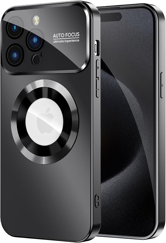 MAKAVO Magnetic for iPhone 15 Pro Case, Compatible with MagSafe, Built-in Camera Lens Protector, Logo View, Military Grade Drop Proof Phone Case Cover, Black