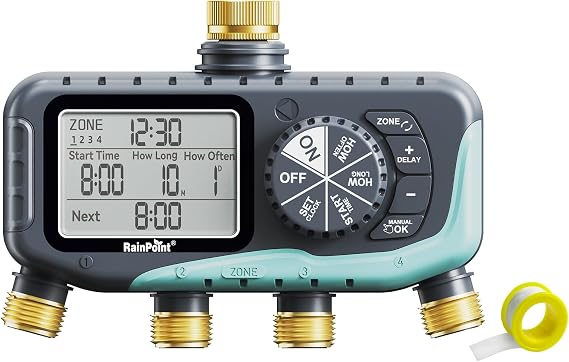 RAINPOINT Sprinkler Timer 4 Zone, Water Timer for Programmable, for Soaker Hose with Rain Delay/Manual/Automatic Watering System, Digital Irrigation for Yard, Lawn (Blue, 4 Zone)