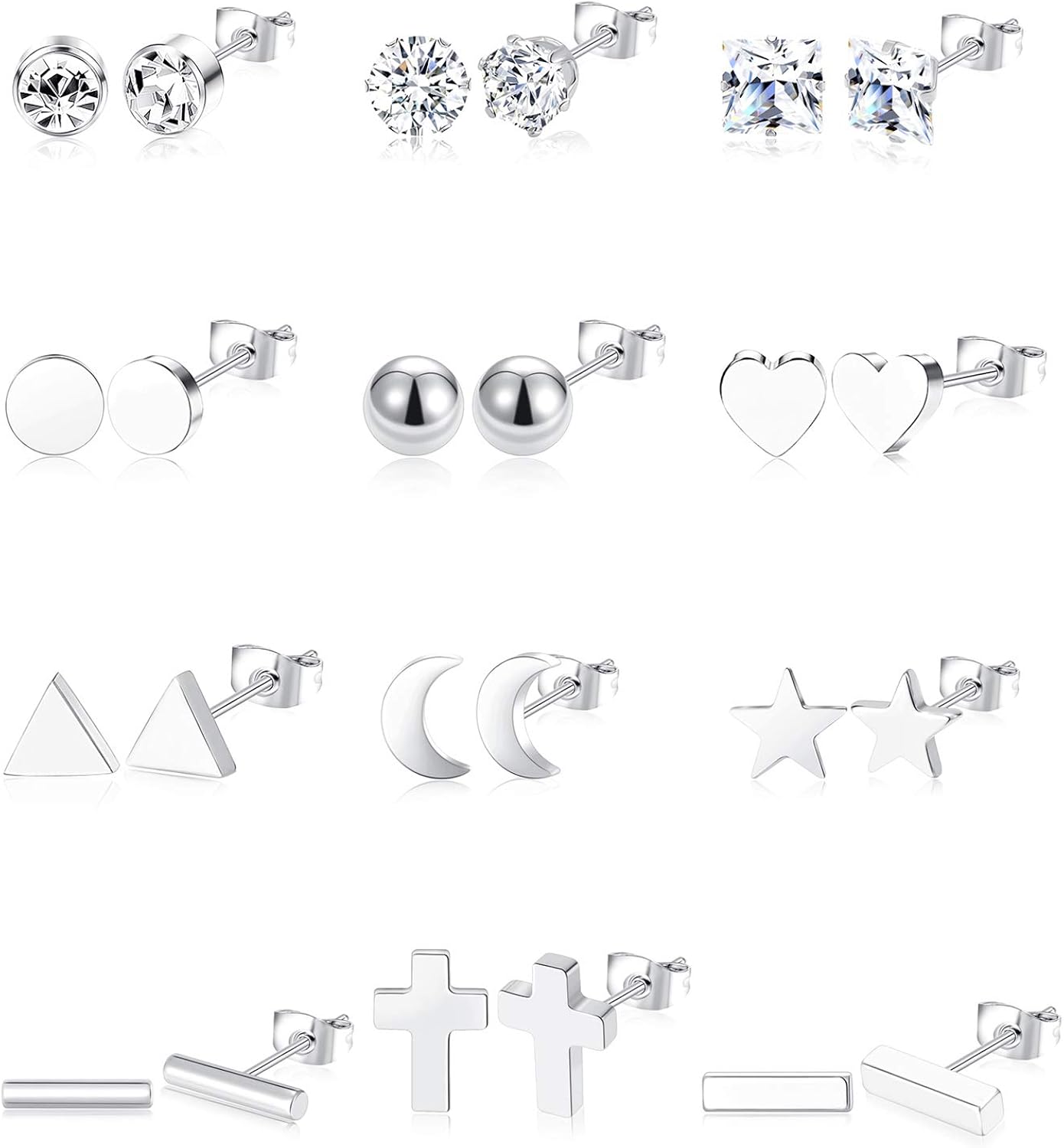 12 Pairs Stainless Steel Earrings Stud Geometric Earrings Set Star Moon Ball Triangle Heart Clear CZ Stud for Womens Silver Rose Gold Tone