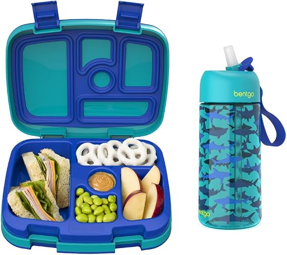Bentgo Kids Prints Lunch Box Kids Water Bottle - New & Improved 2023 (Sharks)