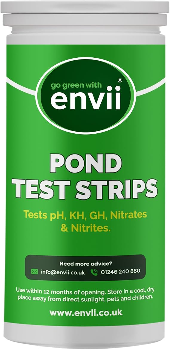 envii Pond Test Strips, 5 in 1 Pond Water Test Kit - Testing for pH, KH, GH, Nitrates and Nitrites for use in Garden Ponds, Fish Tanks, Aquariums - 25 Strips