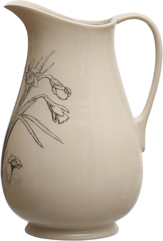 6.5 Inches 2-Quart Stoneware Pitcher with Flower Design, White and Charcoal