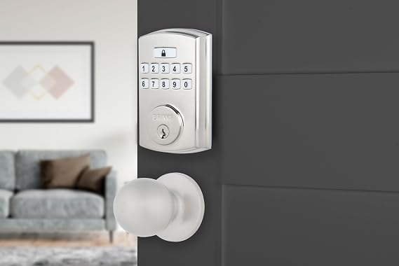 BRINKS Keyless Entry Door Deadbolt, High-Security Keypad Door Lock, 50 User Codes, Auto Locking Feature (Deadbold & Passage Knob, Satin Nickel)
