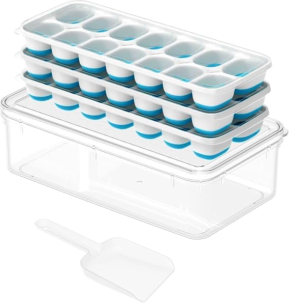 ChefAide Ice Cube Tray with Lid and Bin, 3Pack Freezer Ice Cube Tray