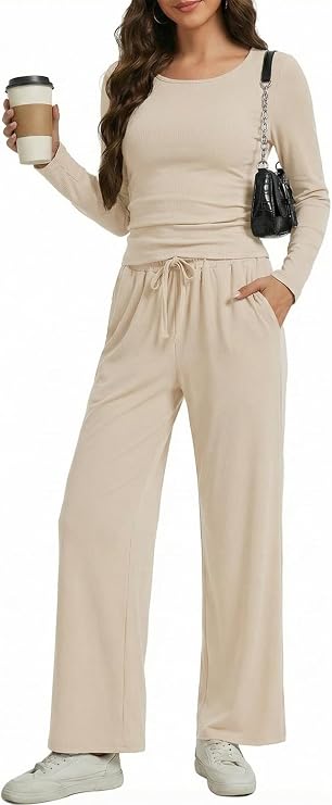 Womens Travel Outfit 2 Piece Set Ruched Long Sleeve Top & Wide Leg Pants Matching Lounge Set for Airport