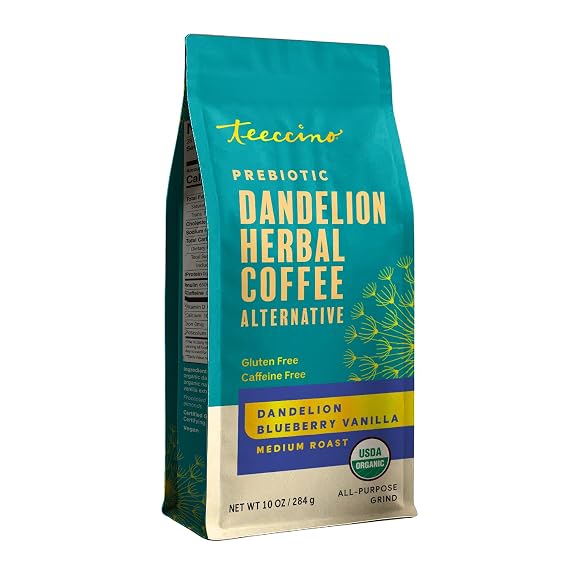 Teeccino Dandelion Blueberry Vanilla Chicory Coffee Alternative - Ground Herbal Coffee Thats Prebiotic, Caffeine Free & Acid Free, Medium Roast, 10 Ounce