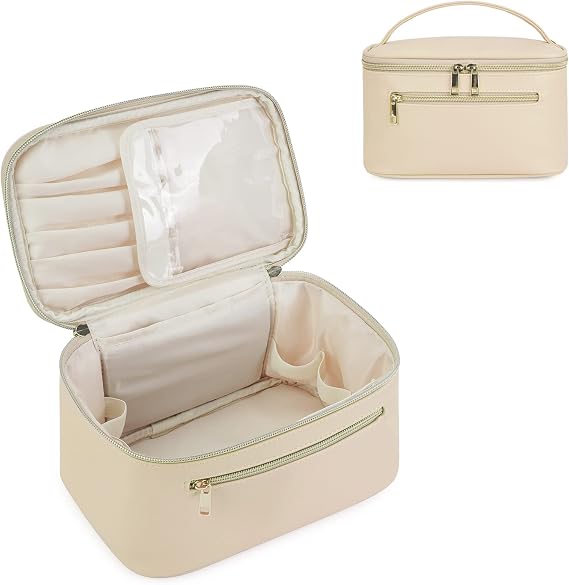 Travel Makeup Bag, Large PU Leather Cosmetic Case with Brush Compartment, Beige