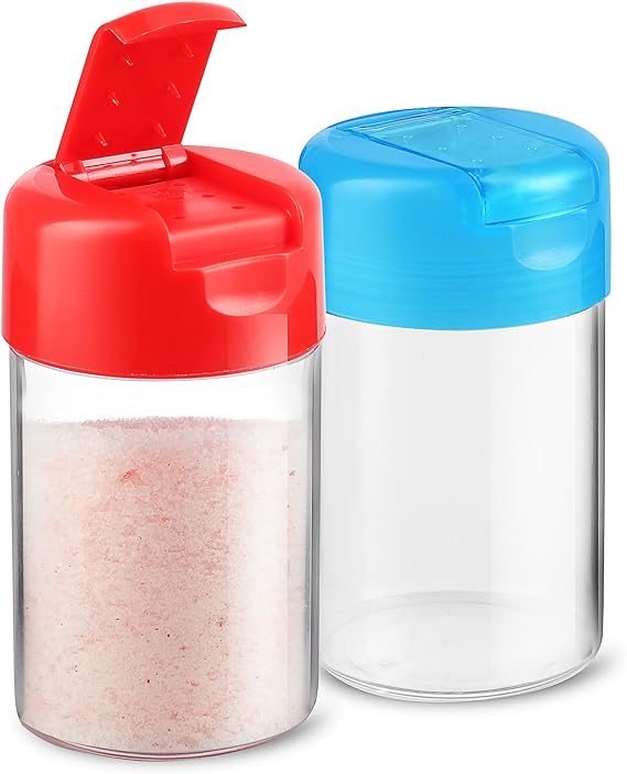 Set of 2 - Plastic Salt and Pepper Shakers with Hinged Lid, No Spill Lunch Box Outdoor Picnic Moisture Proof Spice Dispenser, Seasoning Container Pourer w/Cover, 3.5 oz.