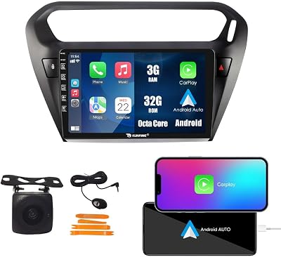 Kunfine Car CarPlay Android Auto Navigation Stereo GPS Radio Reverse Camera Display 9 IPS Touchscreen Headunit Tablet Pad Media Player For Peugeot 301 13-22 if Applicable Octa Core 3G32G Matte Black