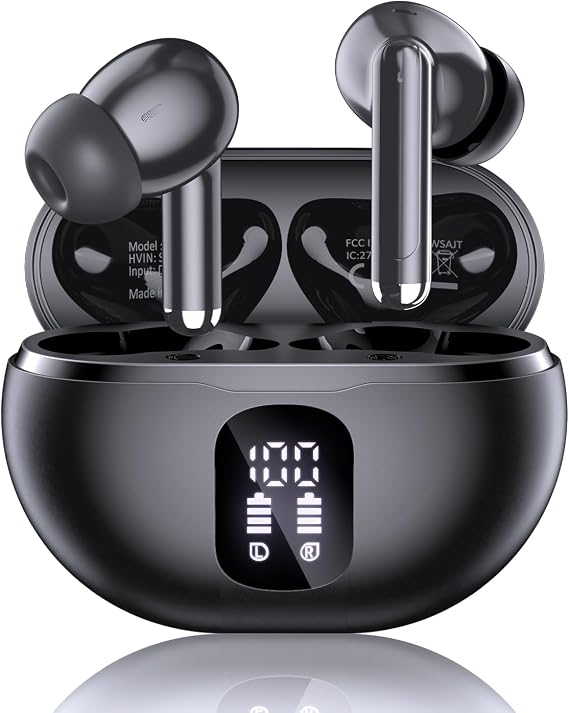 Wireless Earbuds, Bluetooth 5.4 Headphones with 50H Playback, Deep Bass Stereo Ear Buds Clear Calls with LED Power Display, IPX7 Waterproof, in-Ear Earphones with Mic for Phone/Android/iPad, Jet Black