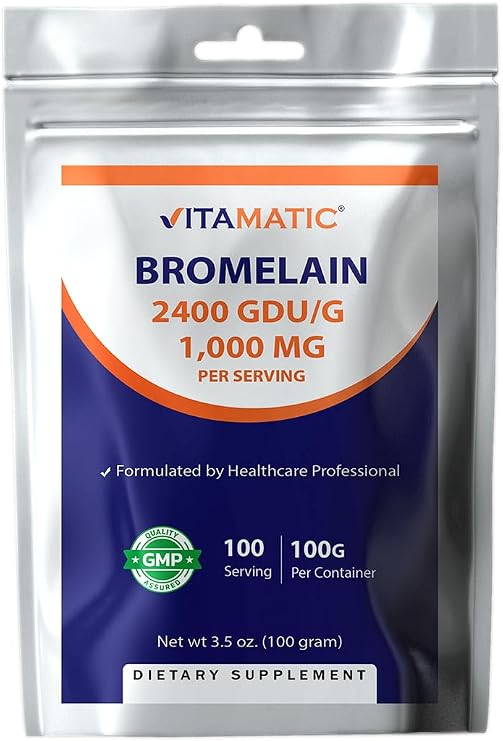 Vitamatic Bromelain Powder 1000mg per Serving - 2400 GDU/g, Proteolytic Enzymes, Supports Digestion of Proteins, 100 Grams - 100 Servings (Scoop Included)