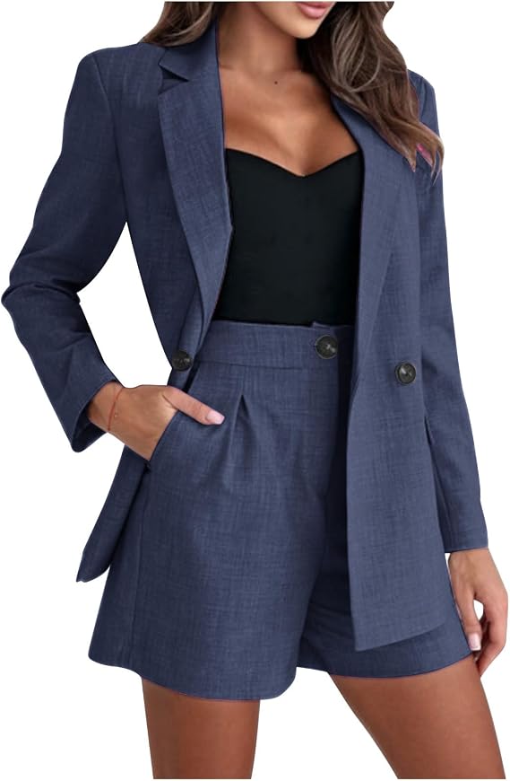 NSICBMNO 2 Piece Outfits Women Blazer Co Ord Shorts Sets Suit Jacket Tailored Shorts With Pockets Office Work Outfits Short Lounge Sets Open Front Blazer Hot Pants Casual Tracksuit